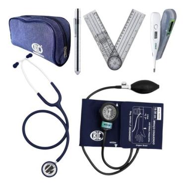 Imagem de Kit Médico Esfigmo Esteto Bic Termômetro Lanterna Goniometro Cor:azul,