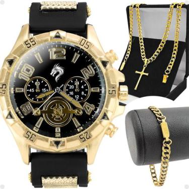 Imagem de Relogio Masculino Banhado Cordão Crucifixo + Pulseira presente religio