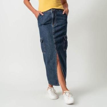 Imagem de Saia Jeans Longa Reta Fenda Frontal Cargo Azul Escuro-Feminino