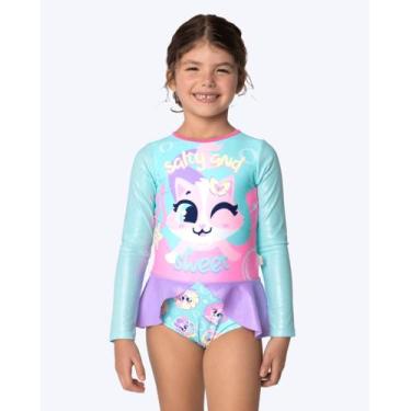 Imagem de Maiô Manga Longa Gata Sereia Infantil Feminino Puket 110401320, Verde 