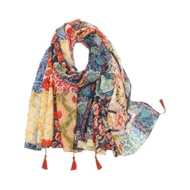 Imagem de Xale Elegante De Algodão Viscose Com Estampa Floral Para Mulheres, Len