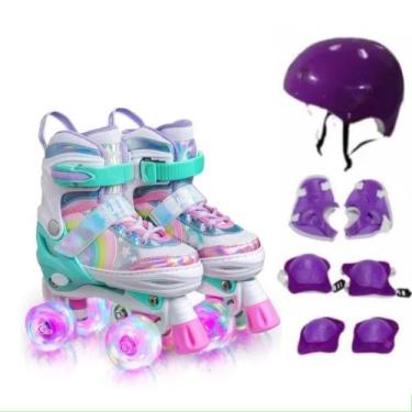 Imagem de Patins Infantil 4 Rodas ARCO IRIS Com Led Com Kit Proteção Menina Meni