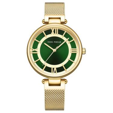 Imagem de Relógio de Pulso Feminino Quartzo Minimalista Pulseira de Malha a Prova D'agua Verde Dourado Mini Focus