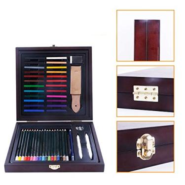 Imagem de Pincel de cor pintado à mão, caixa de madeira, 48 peças de ferramentas de arte, lápis de cor para pintura de cor