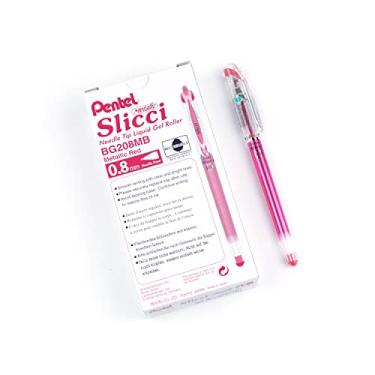 Imagem de Pentel Caneta de gel com ponta de agulha metálica de 0,8 mm, tinta vermelha metálica, caixa com 12 (BG208-MB)