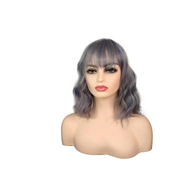 Imagem de Peruca encaracolada sintética curta bordô peruca com franja natural cabelo fibra resistente ao calor feminino (14 polegadas) (Cinza azulado)