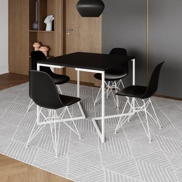 Imagem de Mesa Industrial Quadrada Jantar Preta 90cm Base V com 4 Cadeiras Pretas Eames Eiffel Ferro Branco
