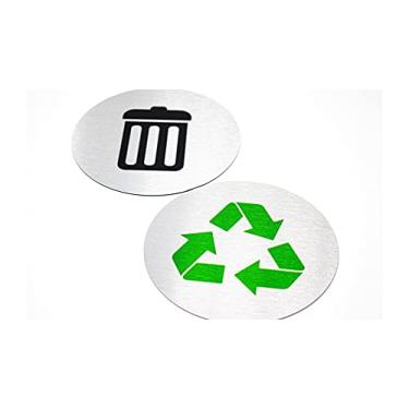 Imagem de Sinais redondos de metal e reciclagem de 14 cm | Conjunto de 2 marcadores de lixeira e reciclagem | Placas de alumínio prateado escovado com 1 placa de lixo preta e 1 placa de reciclagem verde |