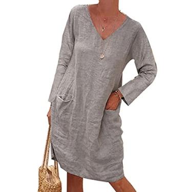 Imagem de SLENDIPLUS Vestido camisa feminino de algodão e linho, cor lisa, gola V, manga comprida, solto, vestido midi com bolsos, Cinza, XXG