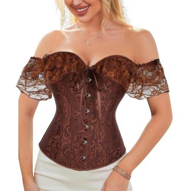 Imagem de Corset Corselet Blusa Modeladora Manga Curta Renda Floral Linha Casual Marrom M735