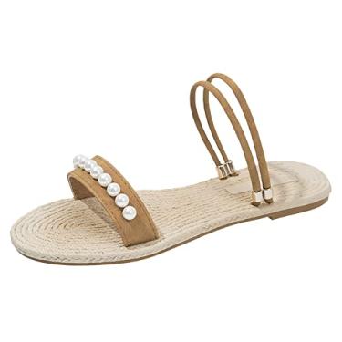 Imagem de Sandálias planas moda verão pérola sola de palha fundo plano casual simples dois usos praia senhoras sandálias tamanho grande chinelos (cáqui, 7,5)