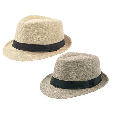 Imagem de 2 peças chapéus de jazz para homens chapéu de verão respirável de linho chapéu de sol ao ar livre aba encaracolada chapéu de vestido de palha, Cáqui + bege, Tamanho �nico