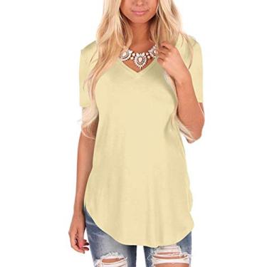 Imagem de yeacher Wish verão europeu e americano com decote em v blusa de malha de cor sólida tamanho grande camiseta solta de manga curta feminina 2018 amarelo claro XL