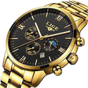 Imagem de Relógio masculino analógico de pulso de quartzo de aço integral masculino LIGE marca de luxo à prova d 'água relógio de negócios, gold white