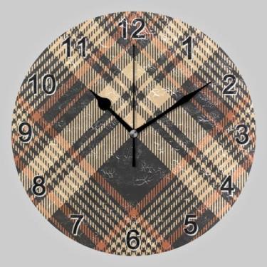 Imagem de CHIFIGNO Relógio redondo marrom xadrez tartã de outono 25,4 cm, relógio de parede silencioso sem tique-taque decoração de parede para cozinha, sala de estar