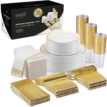 Imagem de Pratos de plástico dourado para festas - talheres - conjunto de louça de casamento com 350 peças para 50 convidados, 100 pratos de plástico para festa, 50 xícaras, 50 conjuntos de talheres dourados e