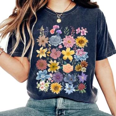 Imagem de Camiseta feminina ousada com estampa de flores silvestres super macia, manga curta, gola redonda, casual, fofa, tops, Azul escuro, M