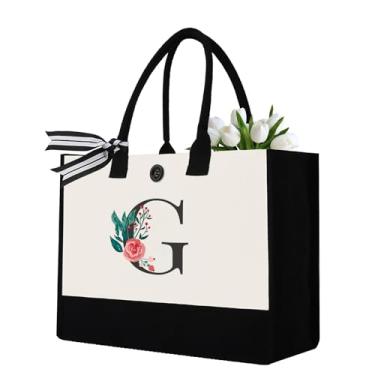 Imagem de Sacola de lona inicial, presentes de aniversário personalizados para mulheres, mães, amigas, professoras, sacolas com monograma, adequadas para o dia das mães, casamento, praia (letra G)