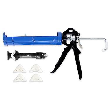 Imagem de TILER Kit de ferramentas de calafetagem, pistola de calafetagem de 23 cm com raspador de rejunte, pistola de calafetagem manual com aderência confortável para todas as calafetagens, proporção de impulso de 12:1, cartucho de 1/10 galão, 5 almofadas de silicone de substituição 8304C-8139A