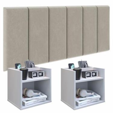 Imagem de Kit 2 Mesas de Cabeceira Brancas Suspensas E Cabeceira Bege Suspensa Estofada Suede Cama Box Tipo Painel Para Parede (Queen)