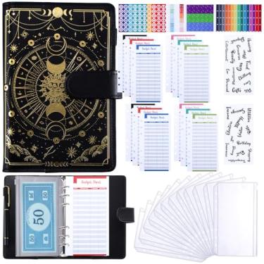 Imagem de Colarr Fichário de orçamento A6 com 32 unidades, organizador de dinheiro, organizador de dinheiro com zíper, organizador de notas de dinheiro, folha de despesas (sol e lua)