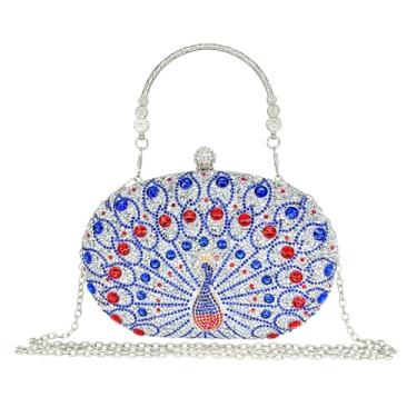 Imagem de MAIRLOM Bolsa clutch com strass para mulheres, noite, casamento, formal, - bolsa de mão redonda com fecho de pérola - Bolsa de diamante de cristal, Pavão prata/azul