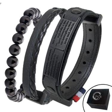 Imagem de Kit C/03 Pulseiras de Couro Masculina Oração Pai Nosso All Black Prote