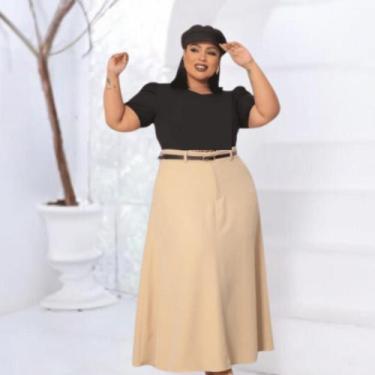 Imagem de Saia Godê Plus Size com Cinto em alfaiataria - STILLOS MODAS, Bege, G1