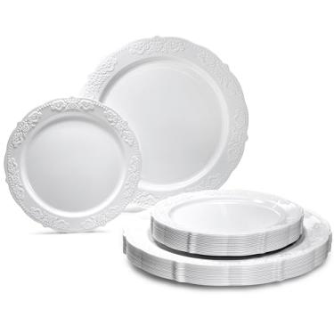 Imagem de Conjunto de 120 pratos descartáveis para festa de casamento vintage (60 convidados) 152 x 25 cm de jantar + prato de salada/sobremesa de 152 x 19 cm (Portofino em branco liso)