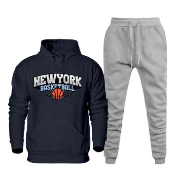 Imagem de Conjunto Moletom Canguru Com Capuz Estampa New York Basketball Calça Flanelada Cordao Ajustavel