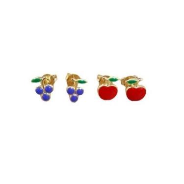 Imagem de Kit Brincos Infantil Frutas Resinado Folheado Ouro 18k - MIXFOLHEADOS