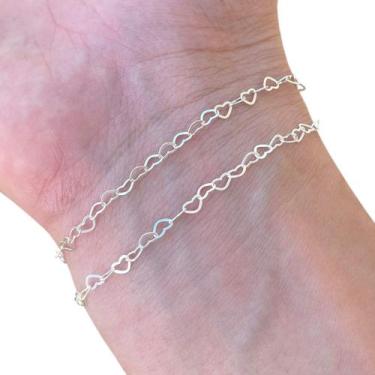 Imagem de Kit 2 Pulseira Feminina de Prata 925 Legítima Elos Corações - Hakuna J