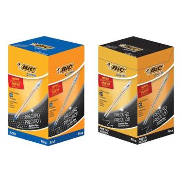 Imagem de Kit 2 Caixa Caneta Bic Ponta Fina Cristal Cor Variada C/ 100 Unidades