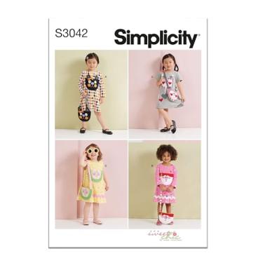 Imagem de Simplicity SS3042A Vestido infantil evasê com bolsa de costura padrão pacote costura doce chique por Susan Cousineau, código de design S3042, tamanhos 1/2-1-2-3-4