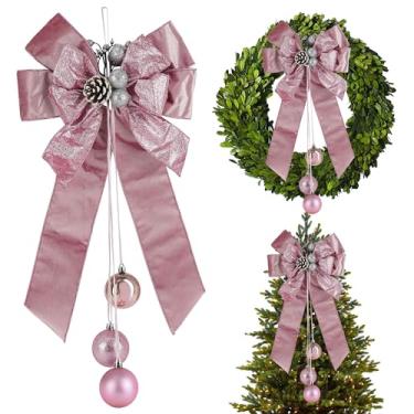 Imagem de AIMUDI Arcos de Natal Rosa, 28 x 40 cm, Laços de Glitter Rosa e Veludo com Bolas para Decoração de Árvore, Guirlanda, Porta, Armário, Escada, 1 Peça