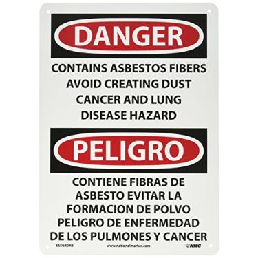 Imagem de NMC ESD640RB Placa bilíngue OSHA, legenda "DANGER - CONTÉM FIBRAS ASBESTOS EVITAM CRIAR CÂNCER DE POEIRA E PERIGO DE DOENÇA PULMÔNICO", 25,4 cm de comprimento x 35,5 cm de altura, plástico rígido,