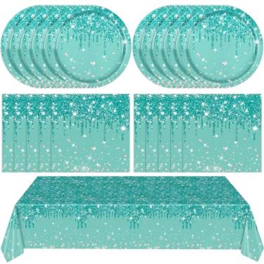 Imagem de 41PCS Teal and Silver Tableware Set for Happy Birthday Table Decorations Blue Glitter Diamonds Birthday Theme Dessert Plates Tablecloth for Girls Women Silver Glitter Birthday Party Supplies