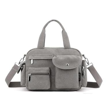 Imagem de Bolsa feminina de lona com vários bolsos, bolsa transversal grande, bolsa tudo-dia a dia para o trabalho diário, Cinza