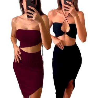 Imagem de Conjunto Feminino Saia Midi + Top Faixa Cropped Multiformas Amarrações