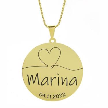 Imagem de Gargantilha Pingente Redondo Personalizado Coração Nome Marina Banhado