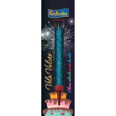 Imagem de Vela para Aniversário Vulcão Azul com Glitter - Festcolor