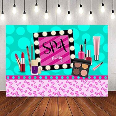 Imagem de Cenários temáticos de festa de spa para meninas maquiagem azul e rosa Fundo fotográfico de festa de aniversário doce 16th princesa foto estúdio adereços decoração 14,7 cm x 7,62 cm