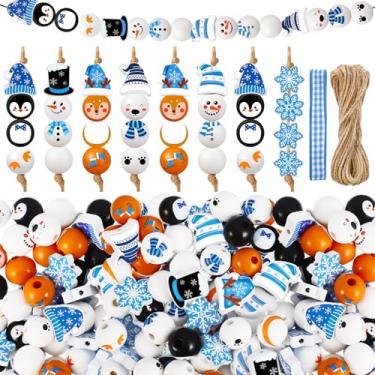 Imagem de Cinnvoice 240 peças de contas de madeira de inverno com barbante Papai Noel homem de gengibre elfo pinguim boneco de neve contas de madeira guirlanda de inverno artesanato DIY contas redondas para