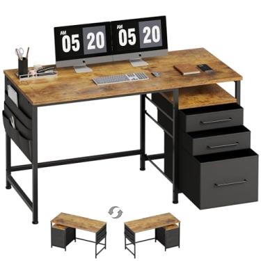 Imagem de Maihail Maihail Mesa de computador com gavetas, mesa de 47 polegadas com 2 gavetas e prateleiras, mesa de escritório com armazenamento, mesa de escritório em casa, moldura de metal para computador