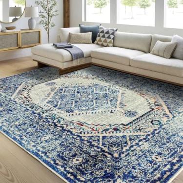 Imagem de Easy-Going Tapete de área, 15 x 23 cm, lavável, para sala de estar, antiderrapante, tapete de quarto, medalhão, leve, envelhecido, para sala de jantar, cozinha, casa, escritório, vintage, creme azul