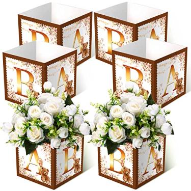 Imagem de Bucherry 6 peças decorações de festa de chá de bebê caixas de flores de bebê centro de mesa rústica exibição de mesa com letras gênero revelar suporte de bloco de lembrancinha de festa (marrom, urso