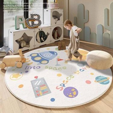Imagem de Poowe Tapete infantil de viagem espacial, tapete redondo para decoração de quarto de criança, tapete de desenho animado lavável antiderrapante para jardim de infância, tapete escolar para bebê,