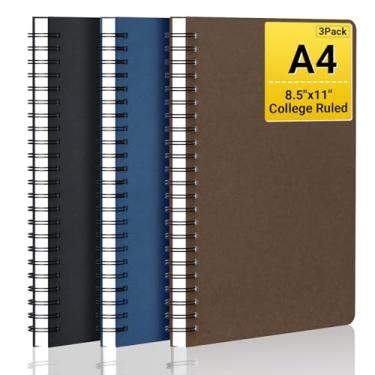Imagem de EUSOAR Caderno espiral, pacote com 3 cadernos A4 de 21,6 x 28 cm, pautado na faculdade, 120 páginas/60 folhas, caderno de papel grosso, diário de viagem de escritório de estudante, preto, azul royal,