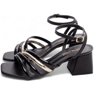 Imagem de Sandália Feminina com Tiras, Salto Médio Bloco, Preta e Dourada, Elegante