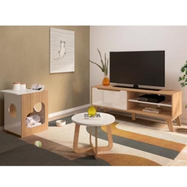 Imagem de Sala de Estar Completa Rack com Mesa de Centro e Mesa de Apoio Lotus Jasmin Discovery Carvalho/Off White